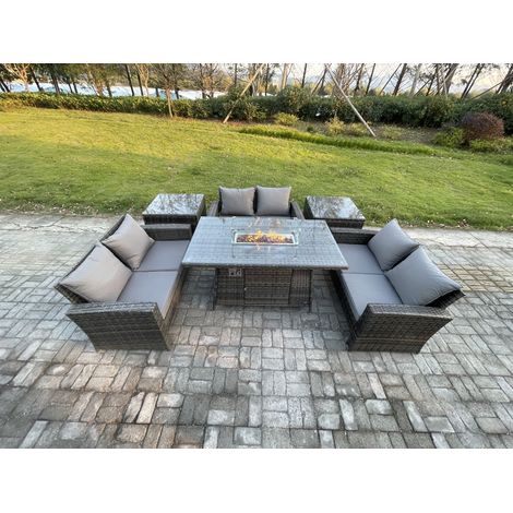 Fimous Hoher Rücken Rattan Gartenmöbel Sets mit Outdoor-Möbel Gas Feuerstelle Esstisch Set 2 Beistelltische Dunkelgrau Gemischt (1/5)