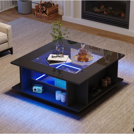 Table basse carrée 70x70x30 cm noire en panneau de particules avec plateau en verre, finition brillante, LED et rangements (1/5)