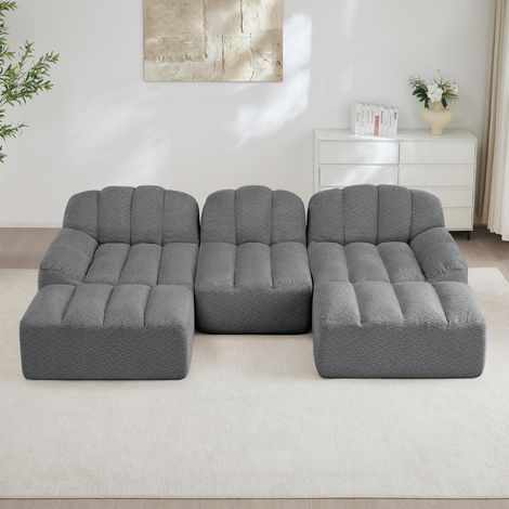 Canapé modulaire 3 places, Canapé d'angle en L sans cadre, forme de coque, 2 pouf, coussins d'assise profonds, aucun assemblage requis, velours, Gris (1/5)