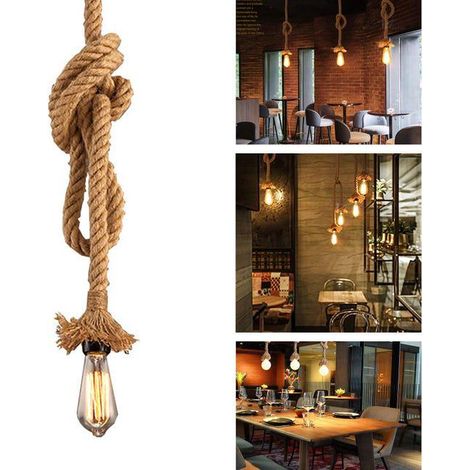 Lustre en corde de chanvre, style industriel vintage, luminaire suspendu de style campagnard rétro pour loft, bar, café, E27 (1/5)