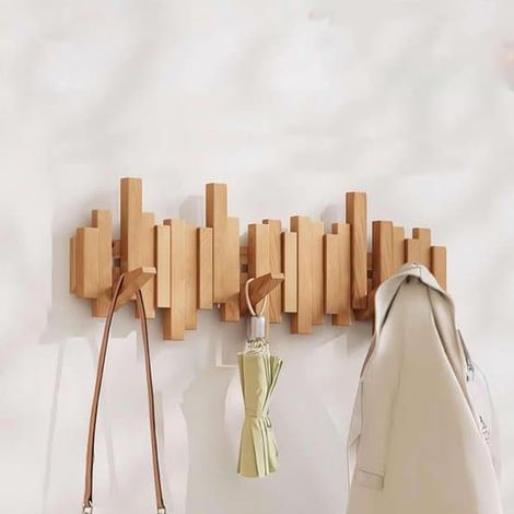 Cintre mural pliable en bois, motif touches de piano, 3/4/6/8 crochets, installation sans perçage (couleur bois naturel, 8 crochets) (1/5)