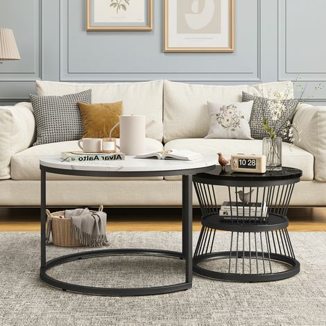 Tables Basses Gigognes,Lot de 2, scandinave, avec double espace rangement, Coussinets anti-rayures, structure métal, MDF, motif marbre - Noir+blanc (1/5)