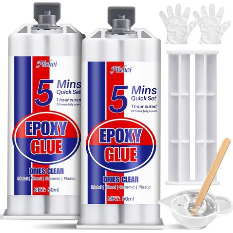 Colle Epoxy Bi-composant 100 ml - Colle Résine Transparente 5 minutes, Adhésif Extra Forte tous Supports, Réparation Rapide Plastique, Bois, Métal, Verre, Céramique, Tissu et Carrelage (1/5)