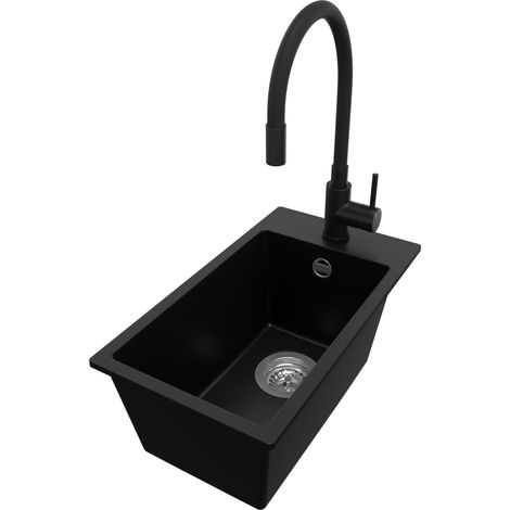 PRIMAGRAN Evier Cuisine en Granit 28x50cm, Lavabo 1 bac + Robinet 40x38cm + Kit de Vidage, Évier à Encastrer au meuble 30cm - Riga, Noir (1/5)