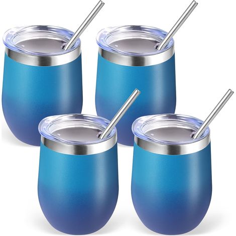 Lot de 4 verres à vin en acier inoxydable de 350 ml, avec couvercle, à double paroi, sous vide, sans pied, réutilisables, en métal (1/5)