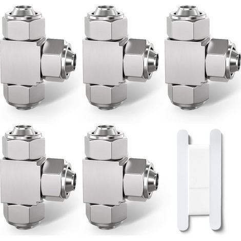 5 Pcs 8mm 3 Way Tee Push pour connecter le raccord pneumatique de Tube d’écrou de verrouillage,3 Way Nickel plaqué adaptateur rapide de ligne d’air KPE8 (1/4)