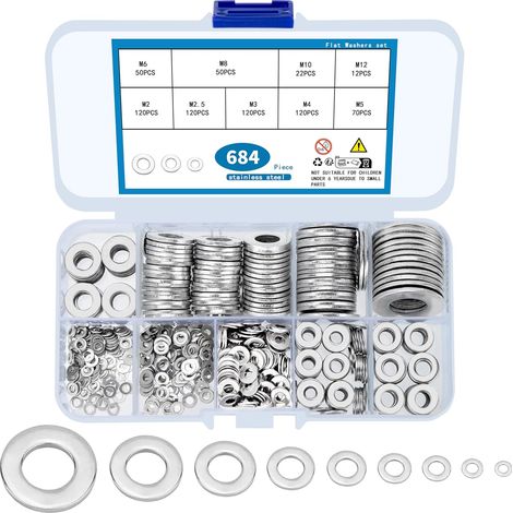 APEX 684 Pièces Rondelles Plates, Assortiment de Rondelles en Acier Inoxydable, Rondelles de Blocage Plates Métal 9 Tailles pour Plomberie, Usines, Réparations - M2 M2.5 M3 M4 M5 M6 M8 M10 M12 (1/5)