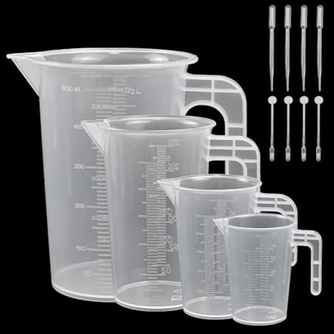 4PCS Gobelets Doseurs Transparents avec Poignée Verre Doseur Plastique Verre Mesureur Plastique avec 4 Compte-Gouttes et 4 Bâtonnets Mélangeurs pour Cuisine et Laboratoire(50/100/ 250/500ml) (1/5)