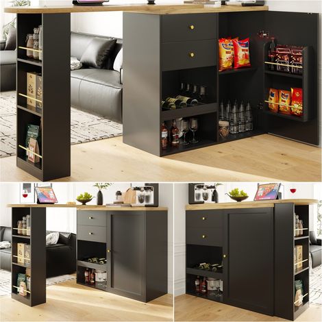 Table bar rotative 360° 105x39x102 cm avec 2 tiroirs et porte coulissante, meuble de rangement (1/5)