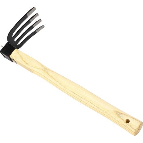 Outil de jardin combinant houe, fourche, râteau et bêche à main avec manche en bois, pour broyer et aérer le sol (1/5)