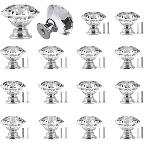 Boutons de meubles en cristal 16 pièces Diamant verre de cristal Bouton d'armoire 30 mm Boutons de placard Bouton de porte Boutons de tiroir Boutons pour commode, meubles, armoire, avec vis (1/5)