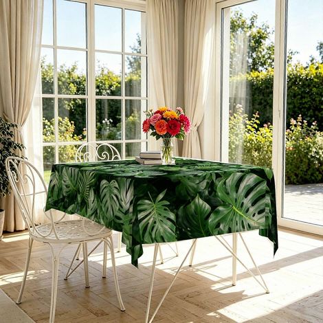 Nappe rectangulaire à motif de feuilles de Monstera (1 pièce), nappe sur le thème du solstice d'été, idéale pour les fêtes estivales et les célébrations décontractées. (1/4)