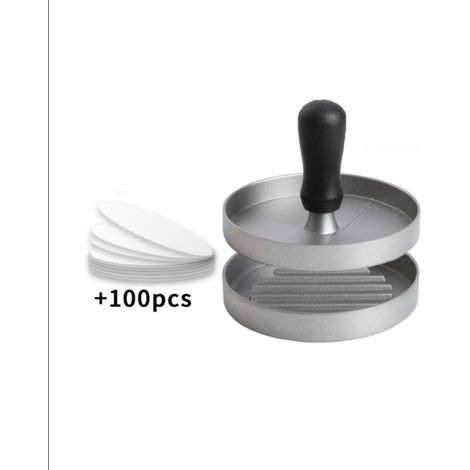 Burgerpresse, Hackfleischform, Aluminium, Antihaftbeschichtung + 100 Blatt Backpapier, Küchenutensil für die Zubereitung leckerer Hamburger, Patties und Grillgerichte, Silber (1/4)