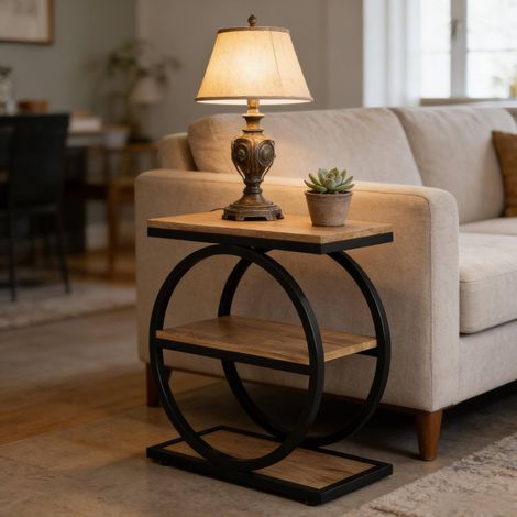Table d'appoint de canapé 60 x 30 x 65 cm, 3 niveaux, noir et marron, MDF et métal, MEUBLIV (1/5)