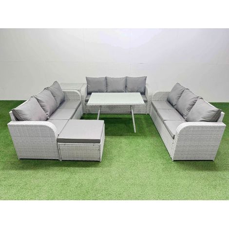 Fimous 10 Seat Outdoor PE Rattan Garden Furniture with Cushions 3 Seater Sofa Side Table Big Stool Light Grey (1/4)