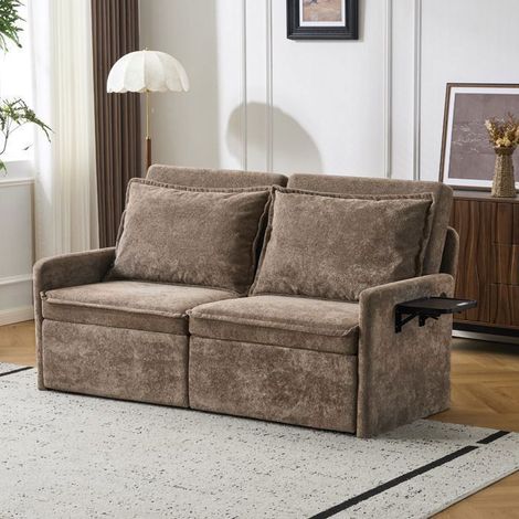 Canapé Convertible 172,5x71x95cm Chenille Marron 2 Places - Canapé-Lit - Dossier Inclinable 5 Positions, Ports USB/Type-C, 2 Poches (1/5)