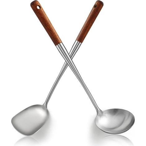 spatules à wok 42.5cm, ustensiles de cuisine en acier inoxydable avec poignées isolantes, cuillères haut de gamme, accessoires pour wok (1/5)