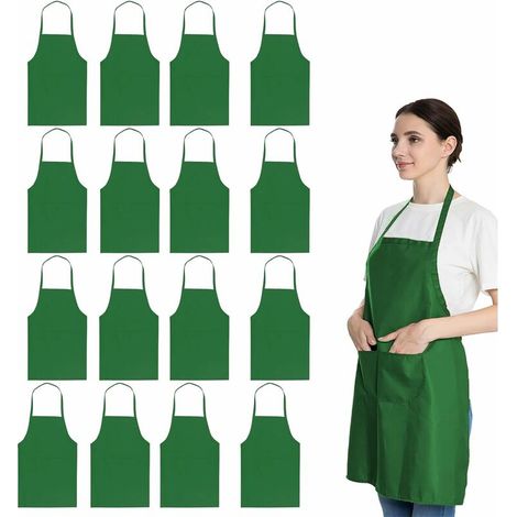 16 Pack Bulk Plain Green Bib Aprons for Women Men Adults with 2 Pockets - Chef Kitchen Cooking Painting Cooking Restaurant Waiters (16 pcs, Green))