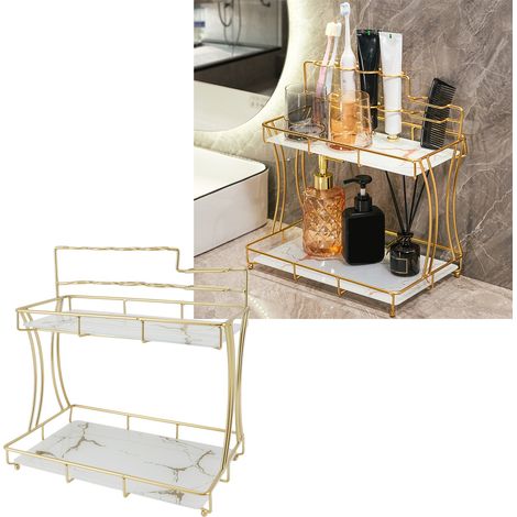 Doppeltes Badezimmerregal, Zahnbürstenhalter, weißer Sockel mit Goldmuster, zweistöckiges Zahnbürstenregal (1/5)