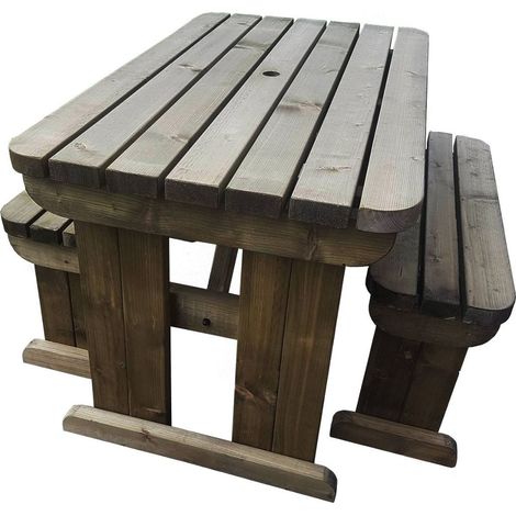 6ft (180cm) Picnic table and bench set rustic brown finish, Yews rounded corners