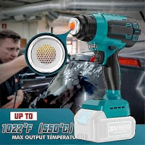 Pistolet thermique sans fil, compatible avec les batteries Makita 18 V, avec réducteur, jet large, buse réflectrice, température jusqu'à 550 °C, éclairage LED. (1/4)