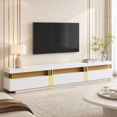 Mueble TV 200x40x42 cm blanco efecto mármol con 3 cajones y cableado (1/5)