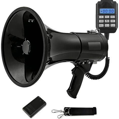 Mégaphone avec sirène et Microphone, Fonction d'enregistrement et Bluetooth, Puissance maximale 100 W avec Une portée de 2000 m, MP3, USB, SD, AUX, mégaphone avec bandoulière (1/5)