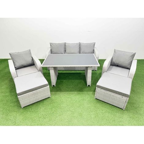 Fimous Outdoor Rattan Garden Furniture Dining Set 7-seater Patio Rectangular Table 3 Seater Sofa Reclining Chair Set with 2 Big Stools (1/4)