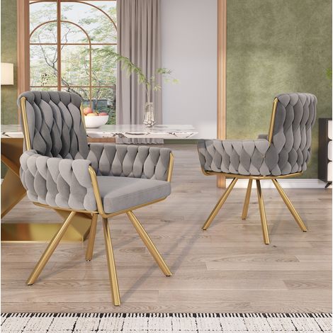 Pack de 2 sillas de comedor grises tapizadas en terciopelo, giratorias con reposabrazos (1/5)