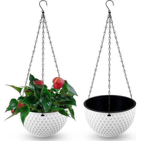 Lot de 2 pots de fleurs suspendus d'extérieur, en plastique avec trous de drainage et chaînes en acier inoxydable (1/5)