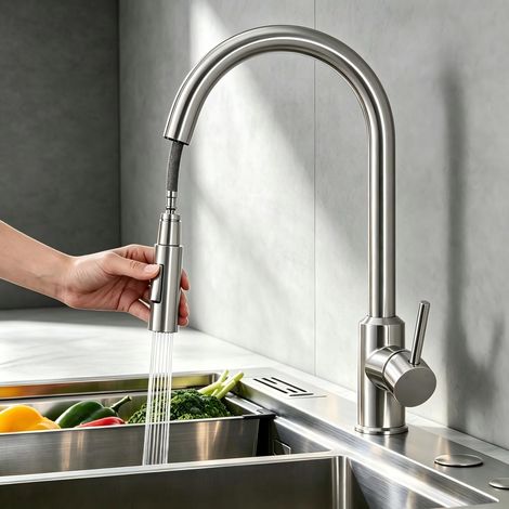 CECIPA MAX Küchenarmatur Gebürstet Ausziehbar – 360° Drehbarer Wasserhahn Küche mit 2 Strahlarten, Edelstahl Mischbatterie mit Brause, Einhebel Spültischarmatur Hochdruck (1/5)