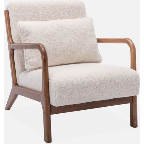 Poltrona scandinava in tessuto bouclé e legno di gomma scuro (1/5)