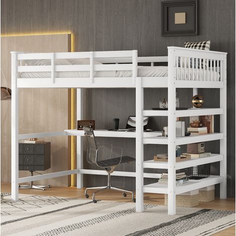 Cama alta infantil con escritorio y estantes blanca OKMYHOME (1/5)