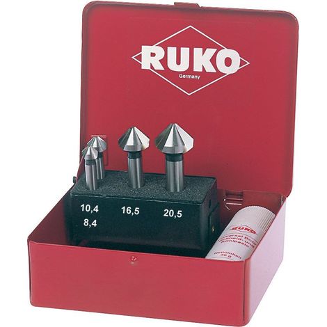 RUKO 102151A - Jeu de 4 fraises coniques DIN 335 forme C HSS 90° pour aluminium