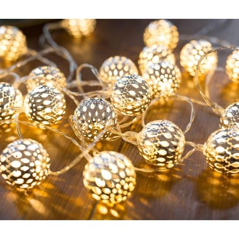 Guirlande lumineuse LED – Longueur totale 3M 20 LED blanc chaud Guirlande lumineuse Boules argentées style oriental marocain – Pas de changement de piles (Fiche)