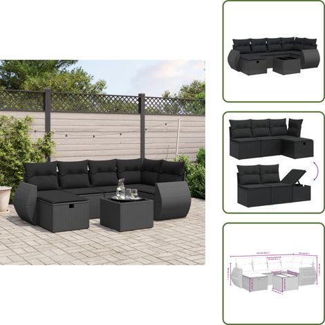 The Living Store Salon de jardin 7 pcs avec coussins noir résine tressée - Ensemble Salon De Jardin - Mobilier De Jardin - Résine Tressée - Rotin Synthétique - Table Basse Extérieure