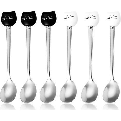 6er-Pack niedliche Teelöffel aus Edelstahl in Katzenkopfform – Rührlöffel für Tee, Desserts und Eiscreme (Schwarz, Weiß) (1/4)