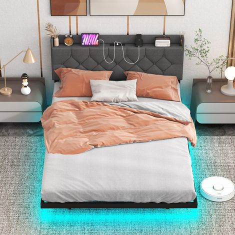 Cadre de Lit Flottant avec Lumières LED Lit Plateforme Moderne avec Tête de Lit Rembourrée Réglable 200140100cm Gris (1/2)