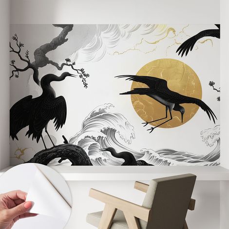 Papier peint autocollant adhésif avec motifs pour salon et chambre accessoire stylé pour votre intérieur Grues noires 104x70 cm (1/5)