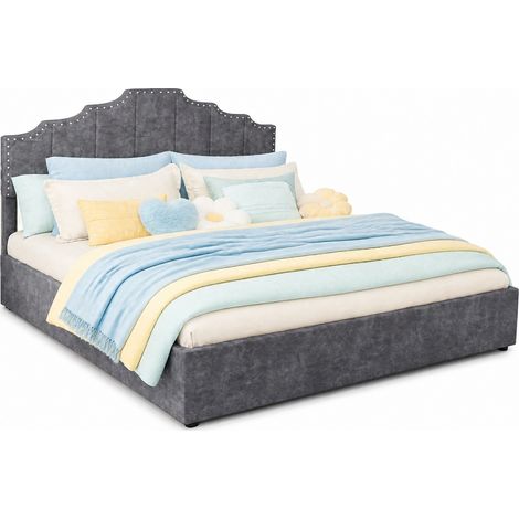 Lit 160x200 cm gris au design géométrique, tête de lit élégante et structure robuste, sommier à lattes pour chambre moderne  CHICFURN (1/5)