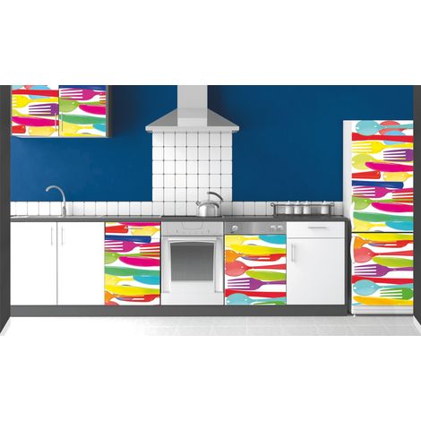 Sticker Réfrigérateur Vintage Années 70, 59,5 cm x 180 cm - Décoration Intérieure avec Couverts Plastique Coloré, 59,5 cm x 180 cm (1/2)