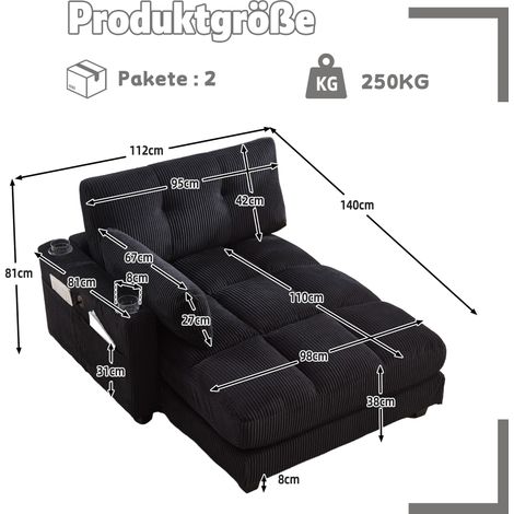 Fauteuil relax noir avec coussins rayés, accoudoirs à roulettes, appui-tête rabattable, 3 porte-gobelets & poche latérale — salon ou chambre (1/4)