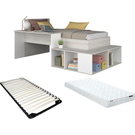 Letto combinato con vani portaoggetti e Scrivania 90 x 200 cm Naturale e Bianco + Reti + Materasso - RIGALI