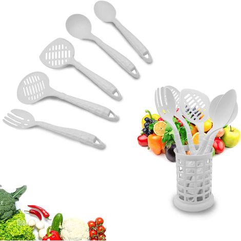 Kit 6 Pezzi Utensili da Cucina Bianchi in Policarbonato resistenti al calore - Il Kit comprende contenitore, mestolo, schiumarola, paletta, forchetta, (1/4)