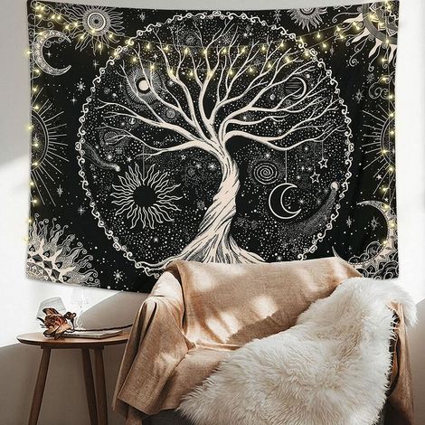 royaluxe - Arbre de Vie Tapisserie Lune et Soleil Noir Tenture Murale Tapisserie Psychédélique Mandala Étoilé Tapisserie Murale Hippie Décoration Murale pour Chambre Dortoir Fête (175x230cm) (1/4)