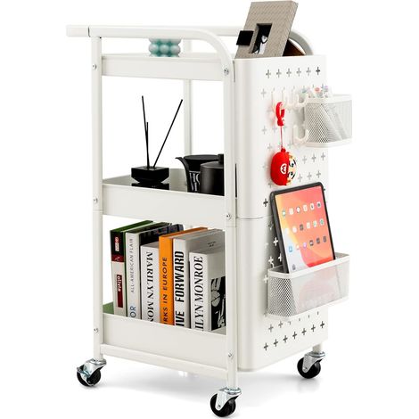 GOPLUS Desserte Roulant à 3 Niveaux, Chariot de Rangement et d’Organisation avec Double Panneaux Perforés, 2 Paniers (Blanc) (1/5)