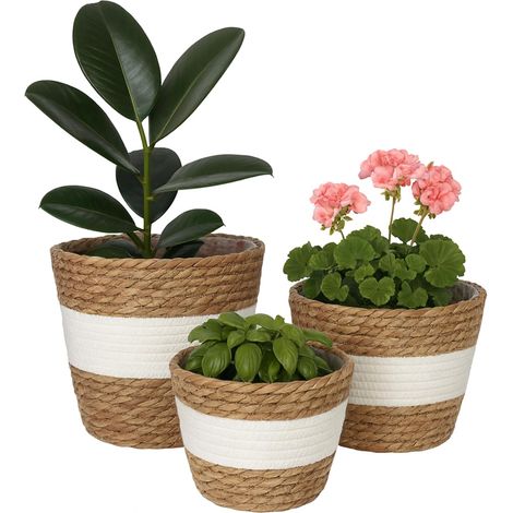 Pot de Fleurs, Lot de 3, en Roseau, Pots doublés, 3 Tailles, Style bohème, Cache-Pots Ronds, Blanc/Marron (1/5)