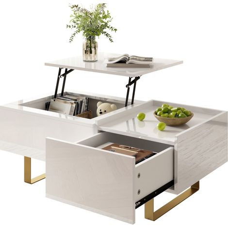 Table basse salon modulable en hauteur MDF finition brillante avec rangement tiroir et pieds métalliques design moderne pour séjour 100x50x54,5cm, blanc (1/5)