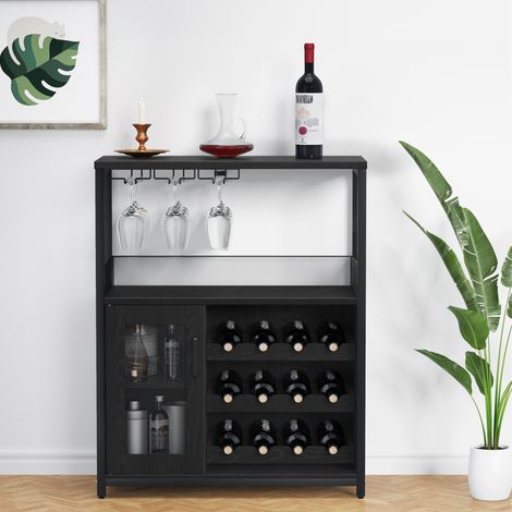 Meuble Bar / Cave à Vin en Bois, Porte-Verres et Casier Amovible, 72x35x90 cm, Noir (1/5)