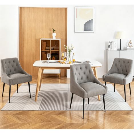 Chaise de salle à manger grise - Chaise repas en tissu - Dossier à capitonnage - Avec accoudoirs - Pieds métalliques noirs - Mobilier décoration intérieure (1/5)